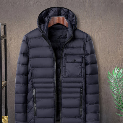 Men's Solid Color Hooded Puff Jacket, Long Sleeve Stand Collar Comfy Warm Trendy Winter Faux Down Coat As Gift