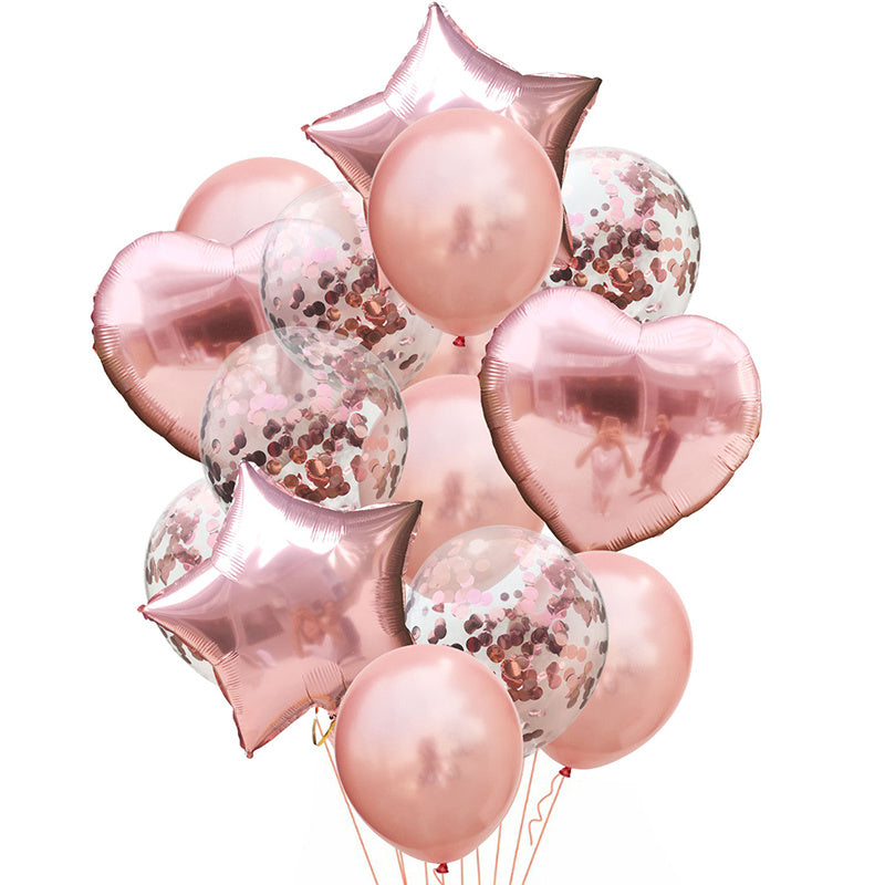 14pcs/set Happy Birthday Balloon Bundle - Stars, Hearts, and Confetti - Rose Golden Helium Balloons for a Festive Party