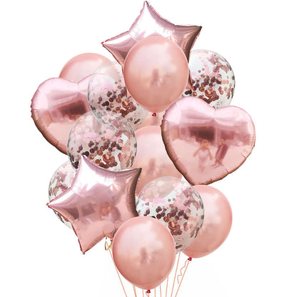 14pcs/set Happy Birthday Balloon Bundle - Stars, Hearts, and Confetti - Rose Golden Helium Balloons for a Festive Party