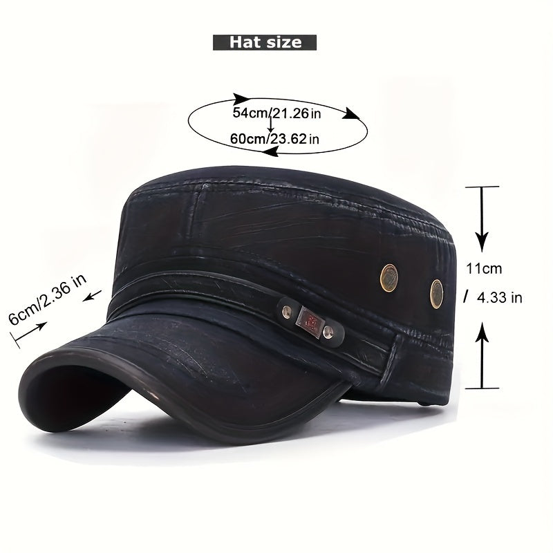Stylish Unisex Leather Flat Top Hat - Men's Accessories, Military-Inspired Baseball Cap with Sun Protection, Adjustable One-Size-Fits-Most Design, and Vintage Washed Look