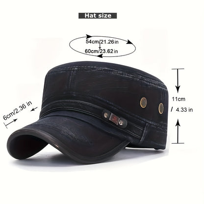Stylish Unisex Leather Flat Top Hat - Men's Accessories, Military-Inspired Baseball Cap with Sun Protection, Adjustable One-Size-Fits-Most Design, and Vintage Washed Look