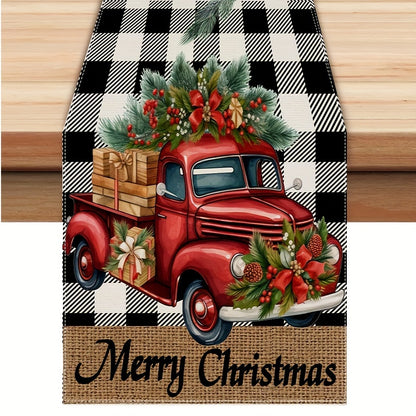 Yuletide Bliss, Merry Christmas Table Runner - Buffalo Plaid with Truck & Tree Design, Polyester, Perfect for Holiday Dining Decor, 13" x 72