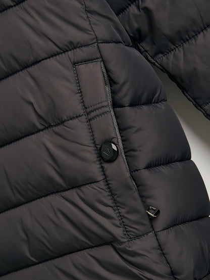 Men's Stylish Solid Faux Down Jacket With Pockets, Casual Breathable Zip Up Long Sleeve Warm Hooded Quilted Jacket For Winter City Walk Street Hanging Outdoor Activities