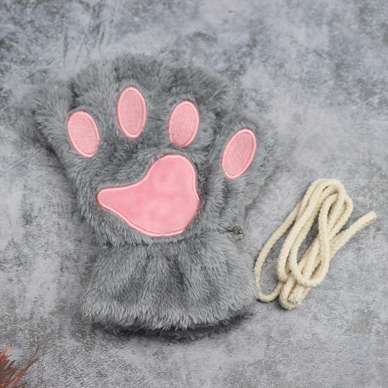 Cozy Cat Claw Plush Half-Finger Gloves - Thick, Warm & Soft For Autumn & Winter, Hand Wash Only, Perfect For Sports & Outdoor Activities