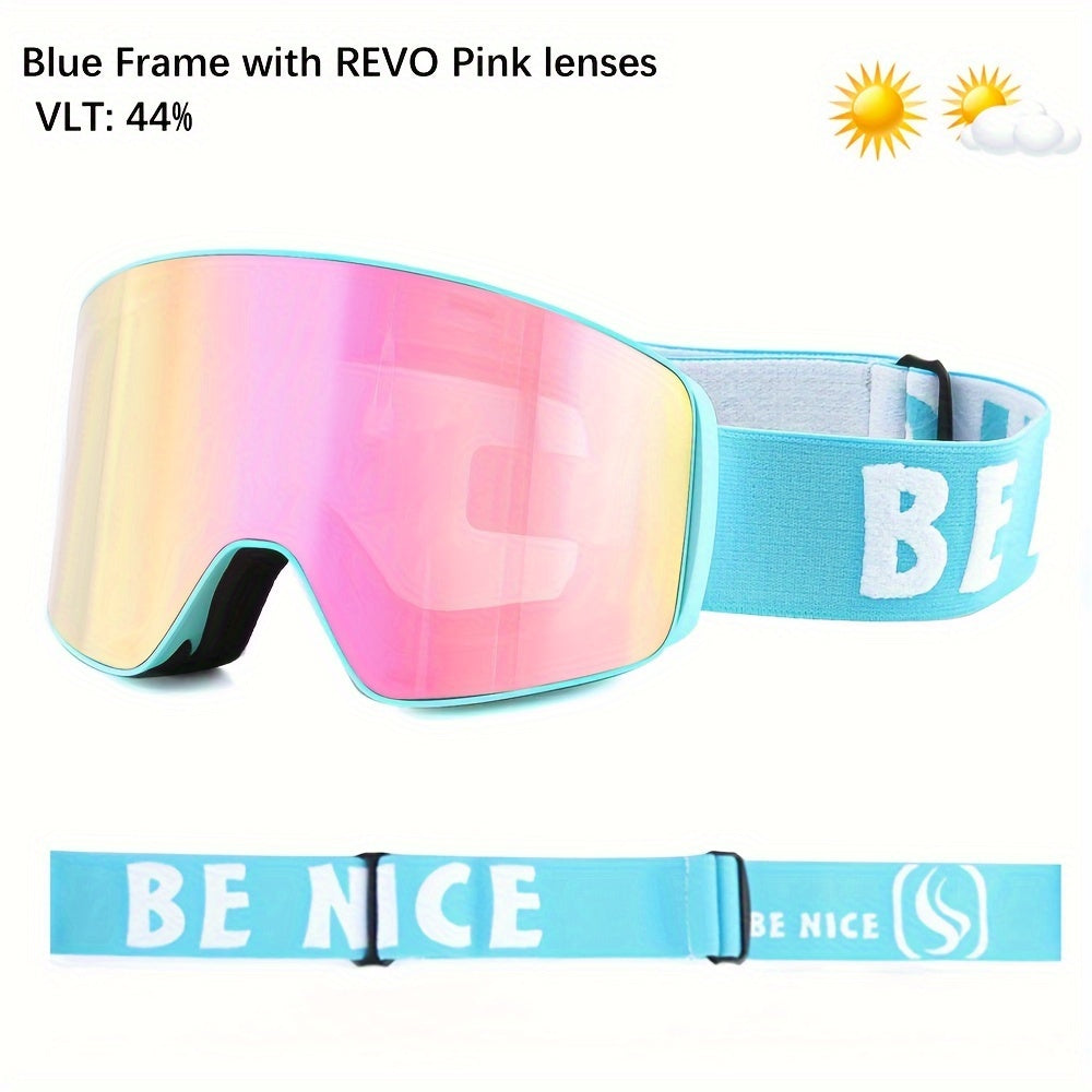 [1pc Magnetic Lens Ski Goggles] BE NICE Adult Ski Goggles, Mirrored Magnetic Lens, Anti-Fog UV400, Snowboard Goggles for Men & Women, Snowmobile Compatible, with TPU Frame, for Alpine, Cross-Country, Telemark, Snowboard, Ice Hockey Sports Eyewear