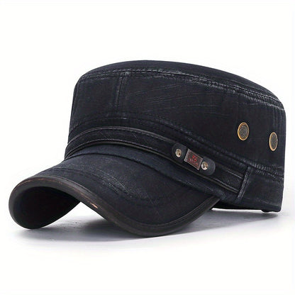 Stylish Unisex Leather Flat Top Hat - Men's Accessories, Military-Inspired Baseball Cap with Sun Protection, Adjustable One-Size-Fits-Most Design, and Vintage Washed Look