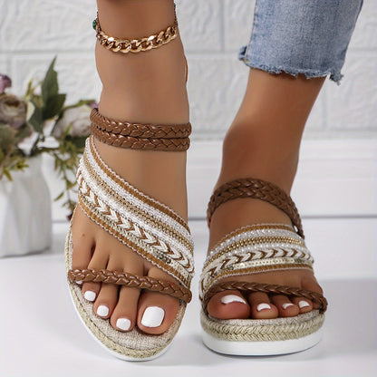 Trendy Braided Wedge Sandals - Stylish Heel with Platform Sole, Open Toe Design, Effortless Slip-On Comfort for Casual Chic