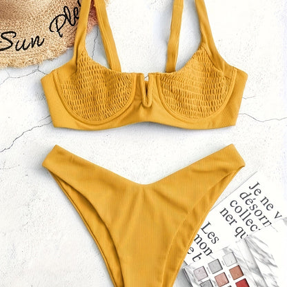 2 Piece Set Sexy Bikini - V Neckline, Tie Back, High Cut, Adjustable Straps, Push Up Padded Cups, Women's Swimwear & Clothing for Summer Beach Vacation