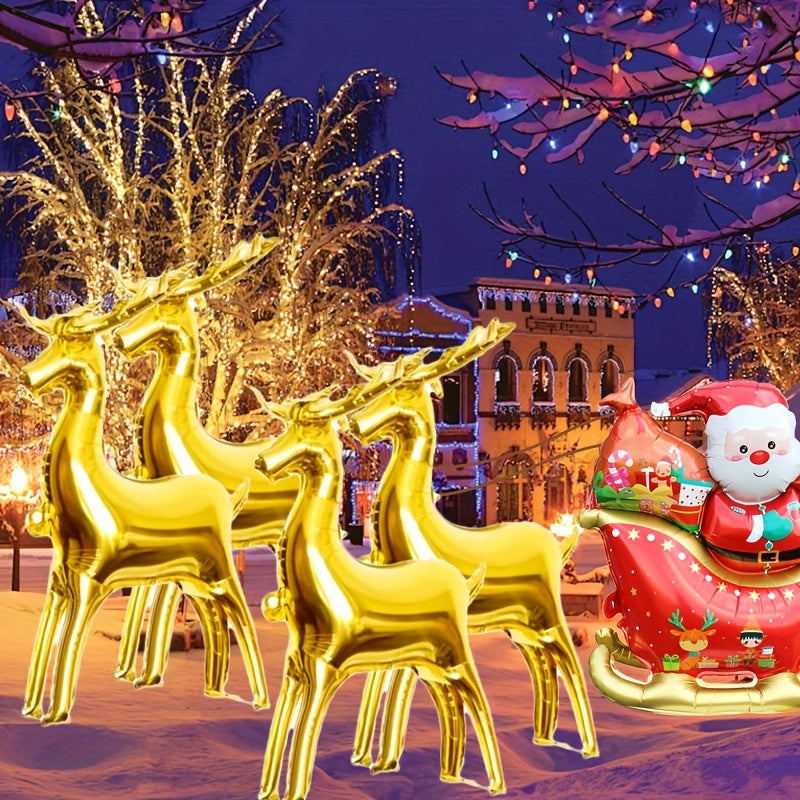 2Pcs Christmas Reindeer Sleigh Santa Balloon Set, 32" Golden Reindeer & Red Sled with Santa, Self-Sealing Aluminum Film Balloons for Christmas & New Year Party Decorations, Winter Holiday Decoration, No Electricity Needed