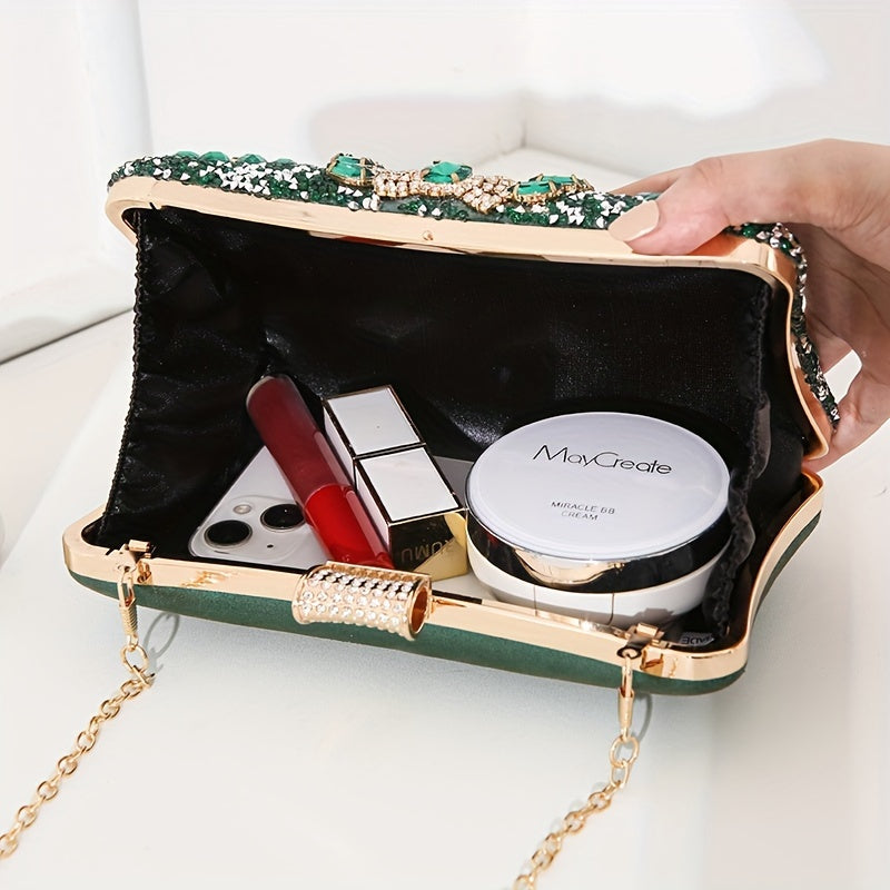 Glittering Vintage Rhinestone Evening Clutch - Elegant Ladies Cocktail Purse for Parties & Proms - Durable PU Material with Optional, Adjustable Chain Strap