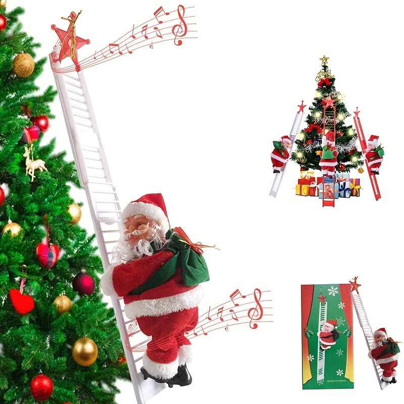 1pc Electric Santa Climbing Up and Down Ladder with Music, Bag of Presents, Tree Holiday Party Home Door Wall Decoration, Christmas Ornament