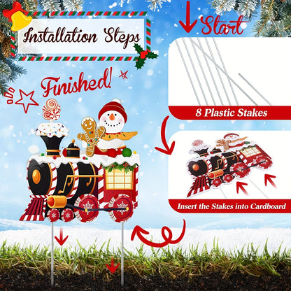 4 Pieces Outdoor Yard Train Christmas Decorations, Snowman Lawn Sign With 8 Yard Stakes For Outdoor Christmas Decorations for stocking stuffers