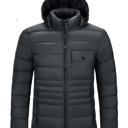 Men's Solid Color Hooded Puff Jacket, Long Sleeve Stand Collar Comfy Warm Trendy Winter Faux Down Coat As Gift