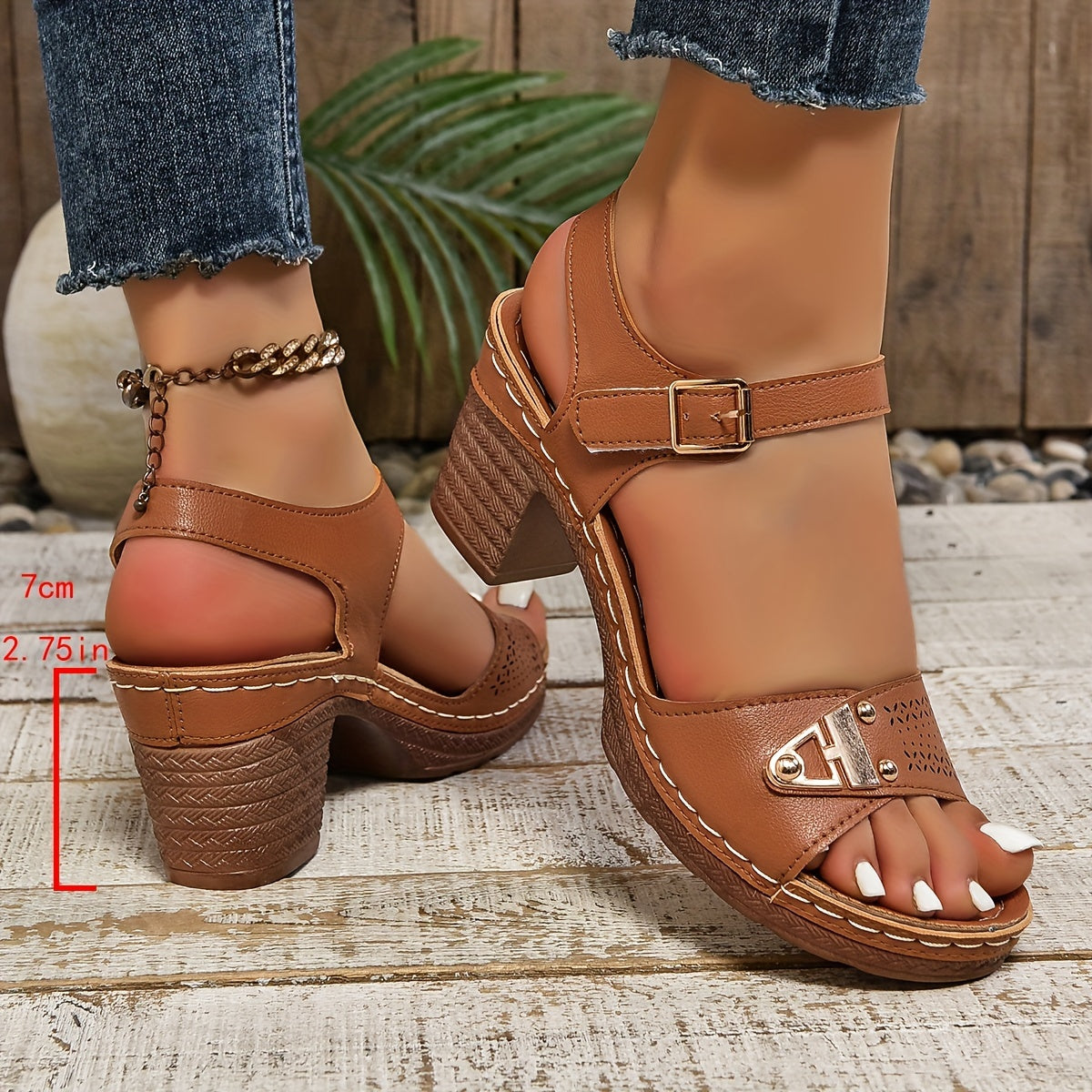 Womens Sandals - Timeless Solid Color Casual Style with Adjustable Ankle Buckle Strap, Elevated Platform, Soft Cushioned Sole, Trendy Cut Out Design, and Comfortable Metallic Chunky Heels for Daily Wear