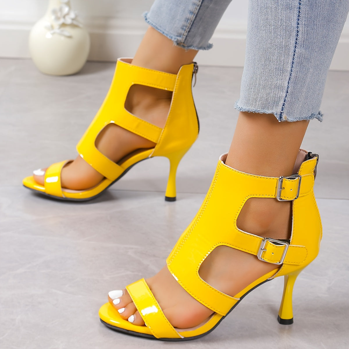 Chic Womens Solid Color High Heel Sandals - Back Zipper & Hollow Out Design - Perfect for Work to Evening - Comfortable High-top Dress Shoes