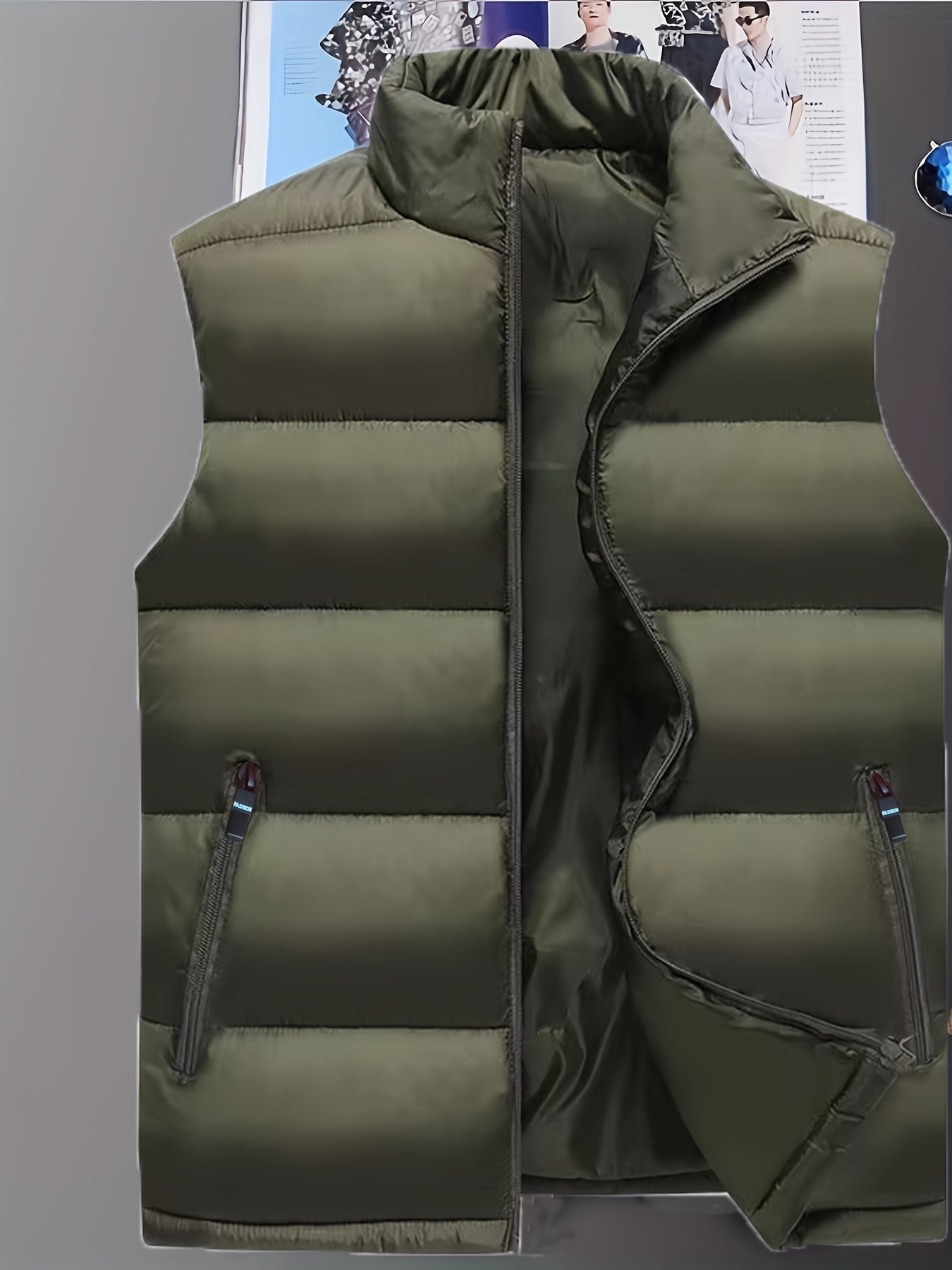 Men's Trendy Solid Puffer Vest, Casual Stand Collar Zip Up Down Vest For Outdoor Fall Winter