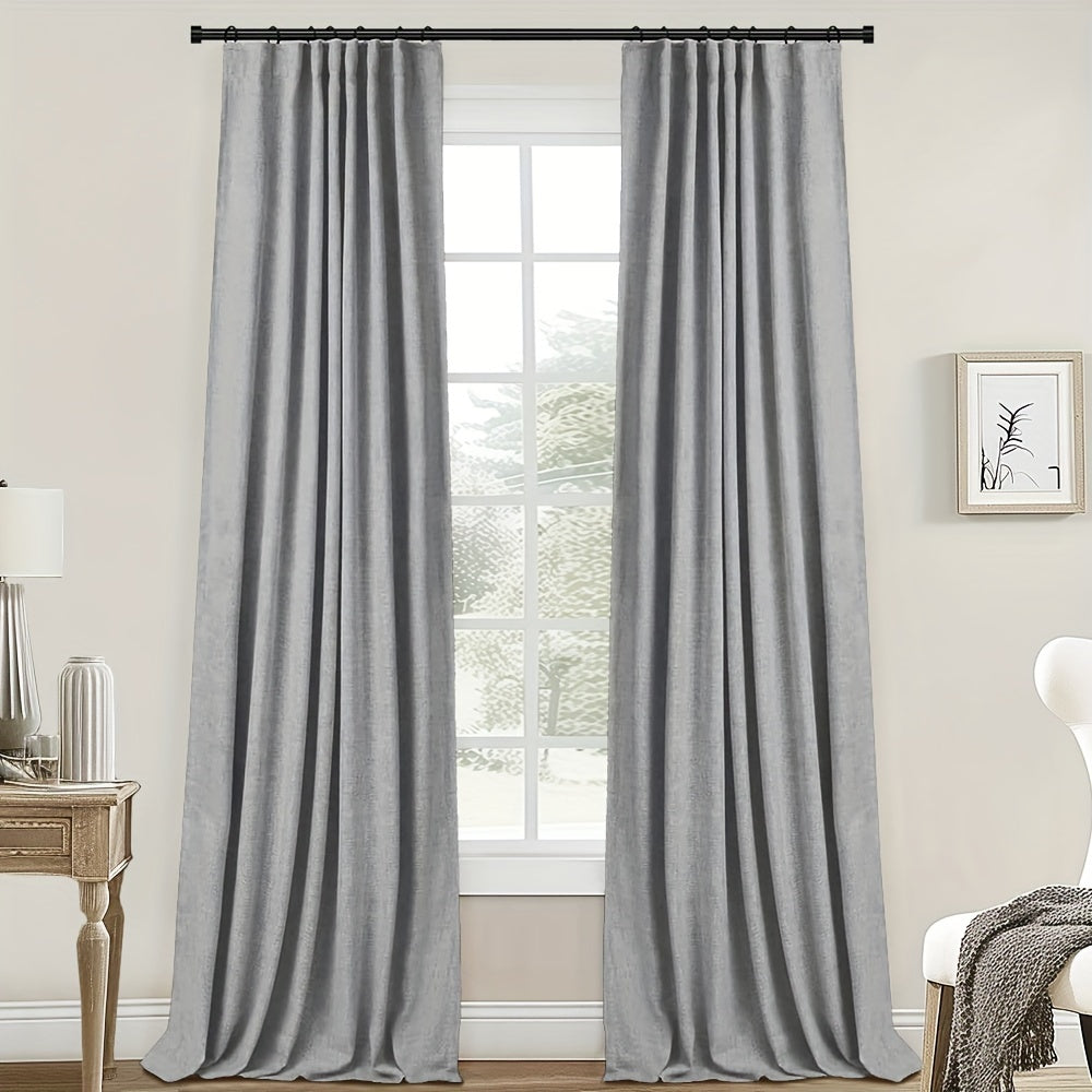 2 Panels 100% Blackout Linen Textured Curtains - Complete Darkness & Thermal Insulation - Natural Elegance for Bedroom & Living Room - Includes Clip Rings or Rod Pocket Options