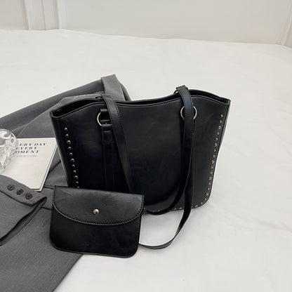 Women's Fashion Tote Bag with Rivet Detailing, Large Capacity Shoulder Handbag, PU Leather with Zipper Closure, Edge Painted, Multipurpose for Work and Daily Use
