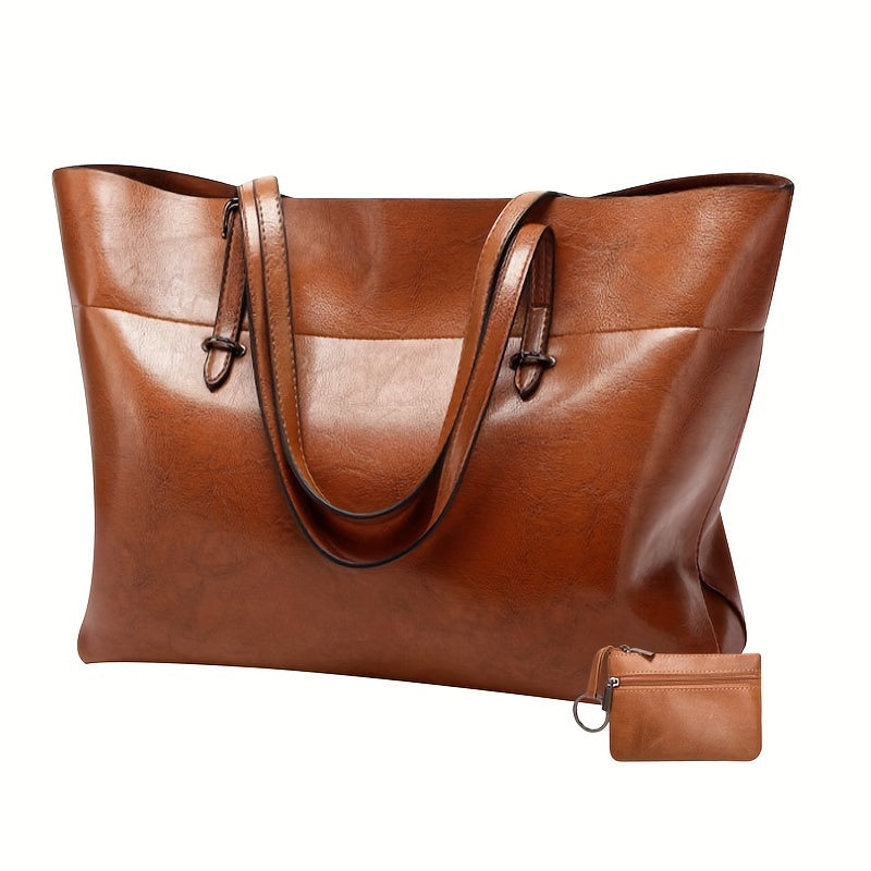 [Fast Arrival] Luxurious Retro Solid Color Large Oil Leather PU Shoulder Tote Bag - Women Bag Sets - Spacious Fashion Purse with Tassel Charm, Stylish and Durable Design, Multiple Compartments for Organization, Ideal for Daily Use and Travel