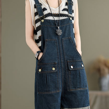 Plain Washed Blue Flap Pocket Adjustable Strap Retro Style Roll Up Hem Denim Overalls Shortalls Dungarees, Women's Denim Jeans & Clothing