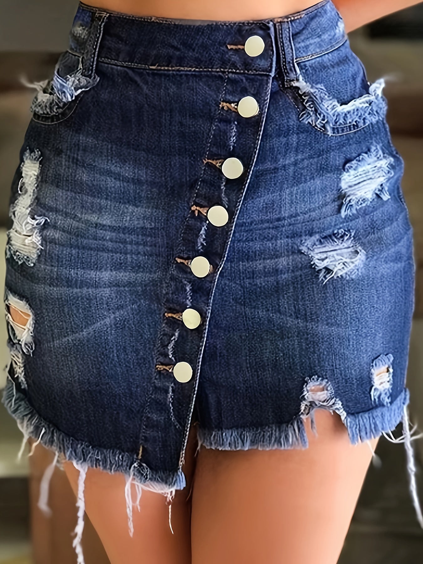 Chic Street-Style Denim Skirt: Distressed, Mid Waist, Bodycon Fit, Perfect for Spring to Fall, Easy Care