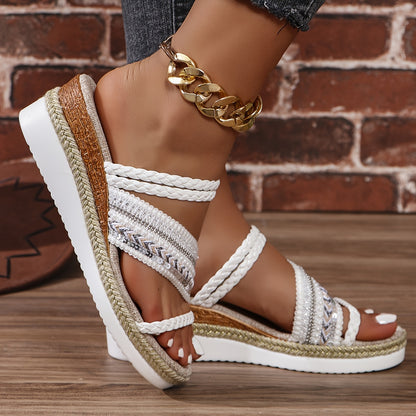 Trendy Braided Wedge Sandals - Stylish Heel with Platform Sole, Open Toe Design, Effortless Slip-On Comfort for Casual Chic