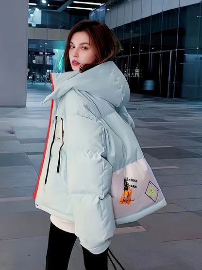 Contrast Trim Zip Up Down Jacket, Elegant Long Sleeve Hooded Coat For Winter, Women's Clothing