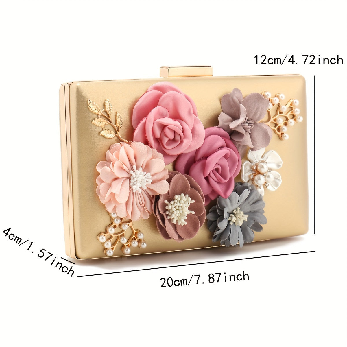Glittering 3D Flower Evening Clutch - Stylish Womens Purse for Weddings & Parties - Dazzling Chain Strap Handbag with Delicate Floral Embellishment