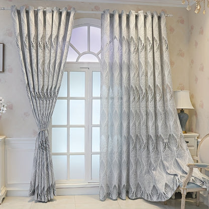 1pc European-Inspired Vintage Grey Hollow Feather Leaf Jacquard Woven Semi-Sheer Unlined Curtain with Grommet Top - Adds Elegance and Privacy to Your Living Room, Bedroom, Office, or Kitchen - Artsy, All-Season, Uncorded, and Easy to Hang