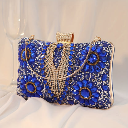 Glittering Vintage Rhinestone Evening Clutch - Elegant Ladies Cocktail Purse for Parties & Proms - Durable PU Material with Optional, Adjustable Chain Strap