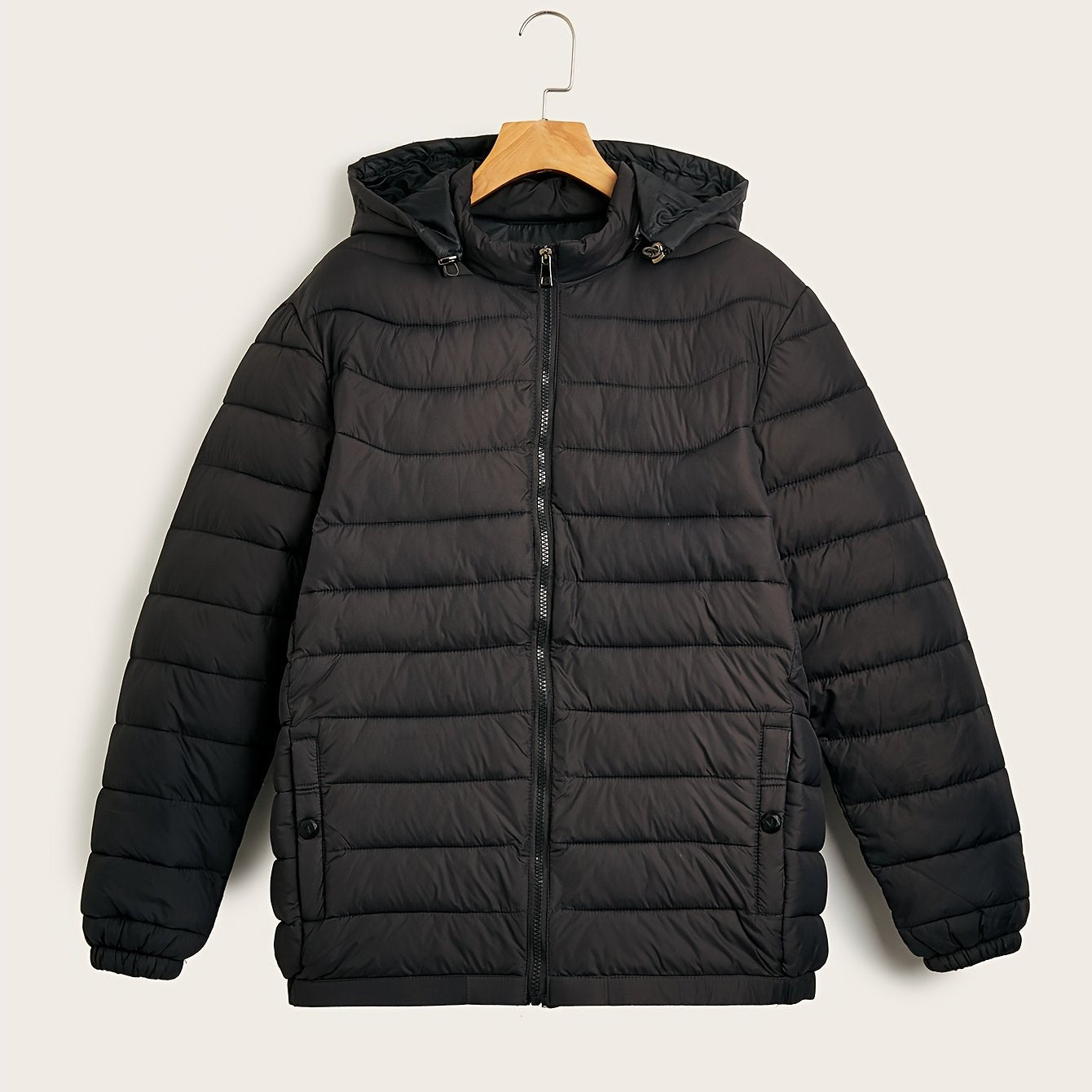 Men's Stylish Solid Faux Down Jacket With Pockets, Casual Breathable Zip Up Long Sleeve Warm Hooded Quilted Jacket For Winter City Walk Street Hanging Outdoor Activities