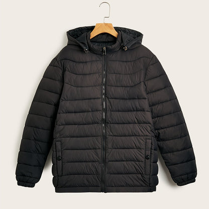 Men's Stylish Solid Faux Down Jacket With Pockets, Casual Breathable Zip Up Long Sleeve Warm Hooded Quilted Jacket For Winter City Walk Street Hanging Outdoor Activities