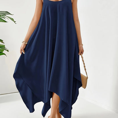VAKKV  Solid Asymmetric Hem Cami Dress, Casual Sleeveless Spaghetti Strap Dress, Women's Clothing
