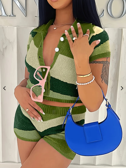 Two-Piece Y2K Color Block Lapel Collar Short Sleeve Top & Skinny Shorts Set - Polyester Mid-Elasticity Knit Fabric, Random Printing, Patchwork Pattern, Button Front, Perfect for Spring & Summer, Womens Clothing