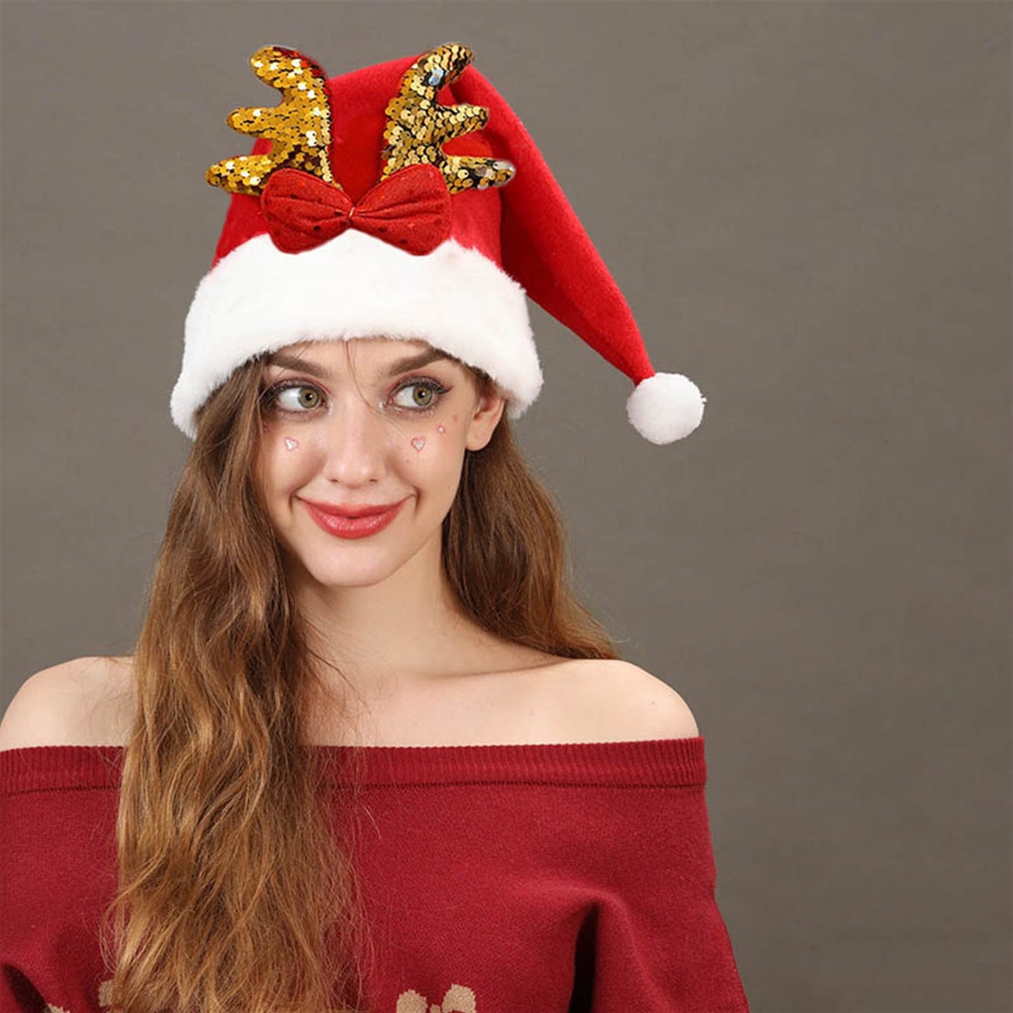 [1pc Sequin Santa Hat] Christmas Reindeer Antler Santa Hat, Polyester Knit, Inelastic, with Sequin Detail, for Festive Holiday Headwear