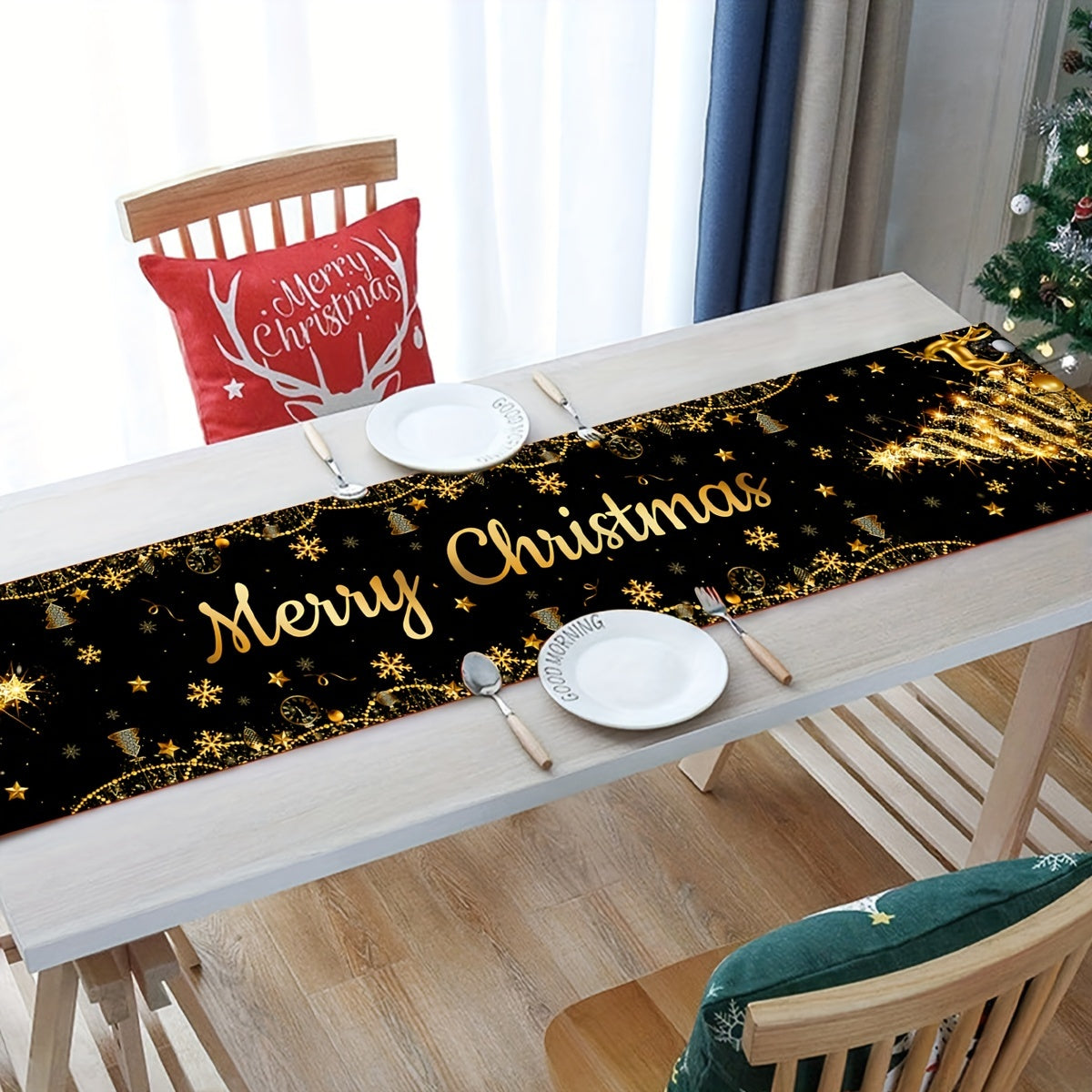 Christmas Table Runner 1PC - Handmade Polyester Black and Golden Christmas Tree Design - Festive Holiday Party Table Decoration for General Fit - Winter Xmas Gathering Home Decor