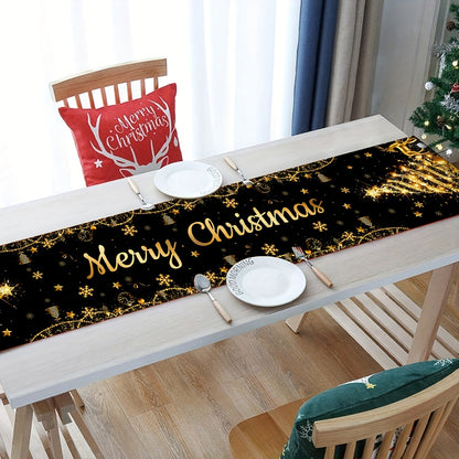 Christmas Table Runner 1PC - Handmade Polyester Black and Golden Christmas Tree Design - Festive Holiday Party Table Decoration for General Fit - Winter Xmas Gathering Home Decor