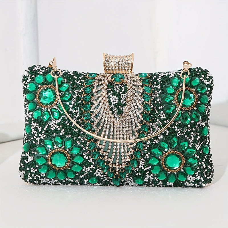 Glittering Vintage Rhinestone Evening Clutch - Elegant Ladies Cocktail Purse for Parties & Proms - Durable PU Material with Optional, Adjustable Chain Strap