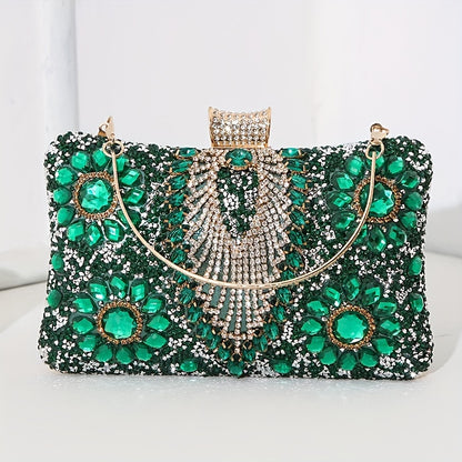 Glittering Vintage Rhinestone Evening Clutch - Elegant Ladies Cocktail Purse for Parties & Proms - Durable PU Material with Optional, Adjustable Chain Strap