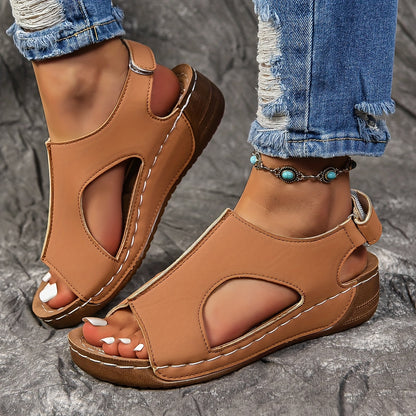 Mid Heel Wedge Sandals for Women - Comfortable Open Toe Ankle Strap Shoes with Faux Leather Upper, Polyurethane PU Sole, and Hook-and-Loop Fastener Closure for Casual Summer Wear - Solid Color, No Printing, Breathable and Easy to Slip On