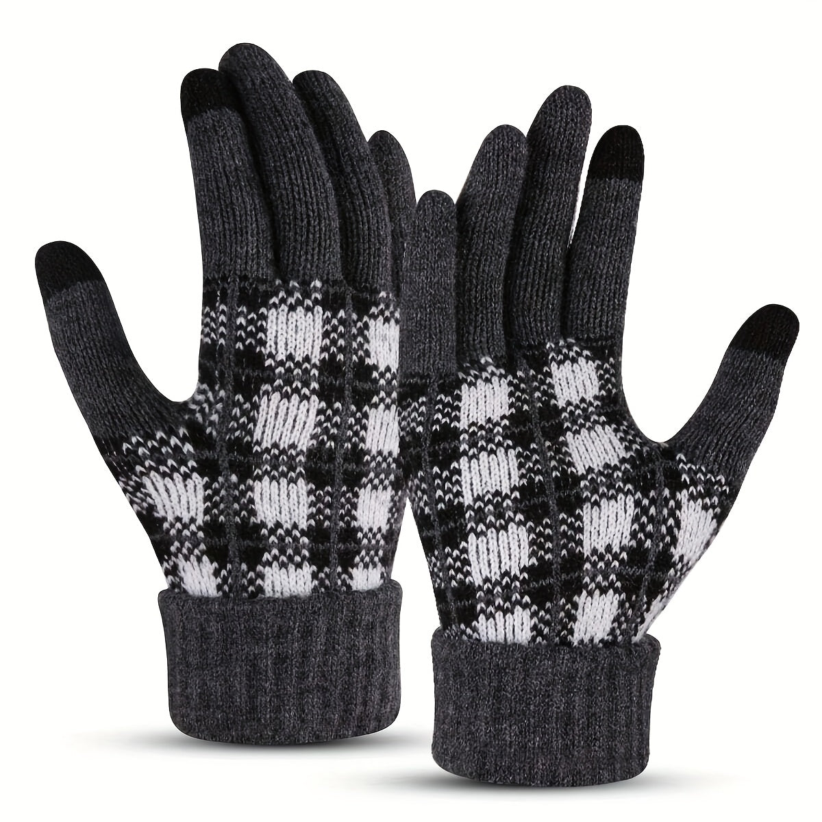 Thickened Full Finger Gloves - Warm, Touchscreen, Windproof, and Coldproof for Weekend Casual Sports - Acrylic Knit with Elasticity and Classic Contrast Color Plaid Design
