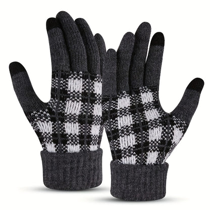 Thickened Full Finger Gloves - Warm, Touchscreen, Windproof, and Coldproof for Weekend Casual Sports - Acrylic Knit with Elasticity and Classic Contrast Color Plaid Design