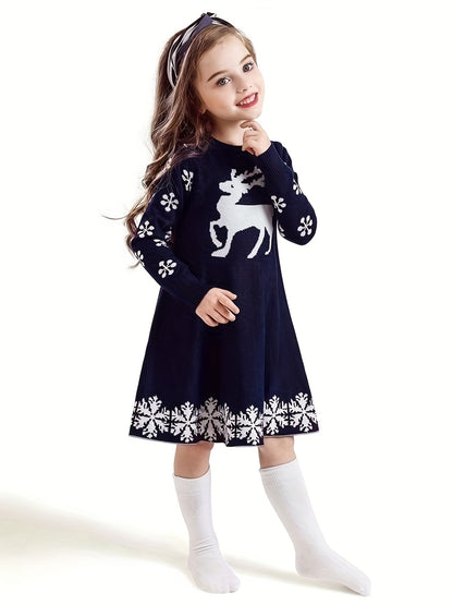 Cozy Girls' Deer Pattern Sweater Dress - Special Occasion, Round Neck, Long Sleeve, Knitted, Christmas Themed, Soft and Warm - Perfect for Holiday Parties