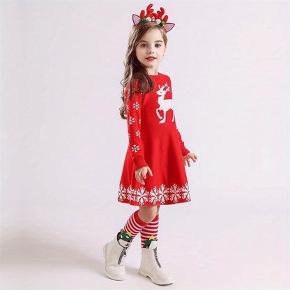 Cozy Girls' Deer Pattern Sweater Dress - Special Occasion, Round Neck, Long Sleeve, Knitted, Christmas Themed, Soft and Warm - Perfect for Holiday Parties