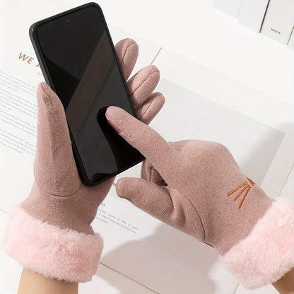 Cozy Women's Suede Gloves with Cute Cat Design - Warm Fleece-Lined Winter Gloves with Plush Cuffs, Touchscreen Compatible & Windproof