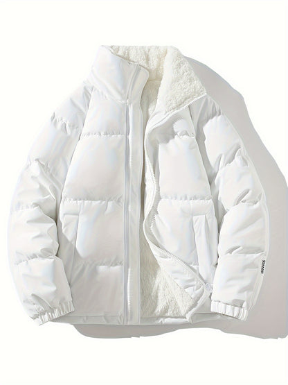Men's Solid Puffer Coat With Pockets, Casual Breathable Stand Collar Zip Up Long Sleeve Fleece Warm Coat For Winter Outdoor Activities