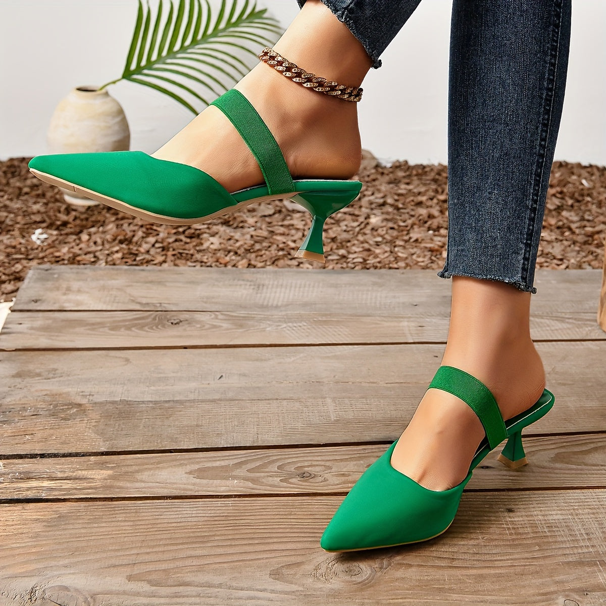 Chic Women's Pointed Toe Stiletto Sandals, Versatile Slip-On, Comfort Elastic Band, Low Heel for Daily Elegance (20-35 Words)