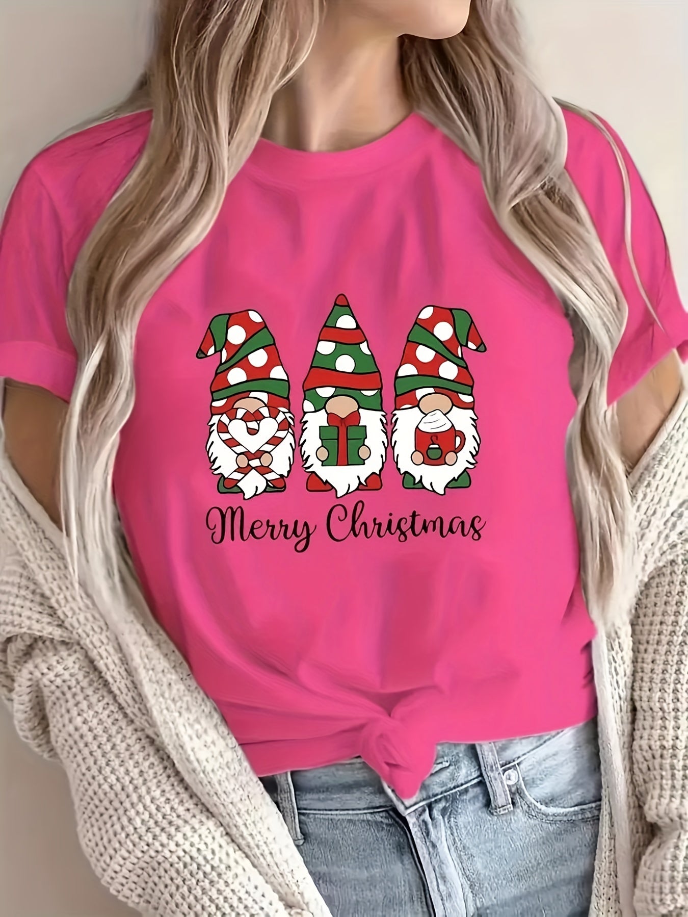 1pc Women'S Plus Size Merry Christmas Cartoon Gnomes T-Shirt, Casual Crew Neck Short Sleeve Top with Slight Stretch, Polyester Knit Fabric Pullover for All Seasons