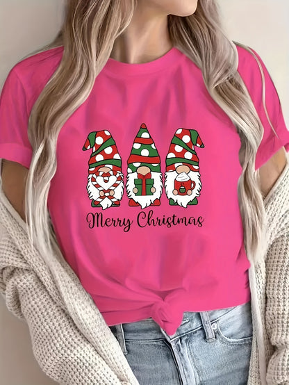 1pc Women'S Plus Size Merry Christmas Cartoon Gnomes T-Shirt, Casual Crew Neck Short Sleeve Top with Slight Stretch, Polyester Knit Fabric Pullover for All Seasons