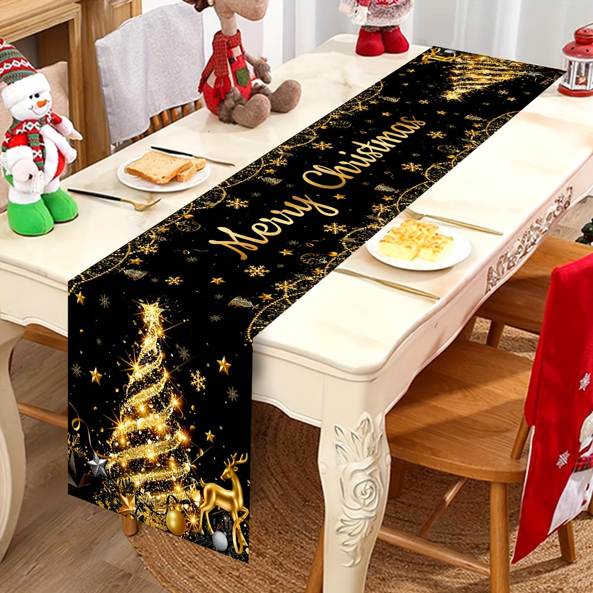 Christmas Table Runner 1PC - Handmade Polyester Black and Golden Christmas Tree Design - Festive Holiday Party Table Decoration for General Fit - Winter Xmas Gathering Home Decor